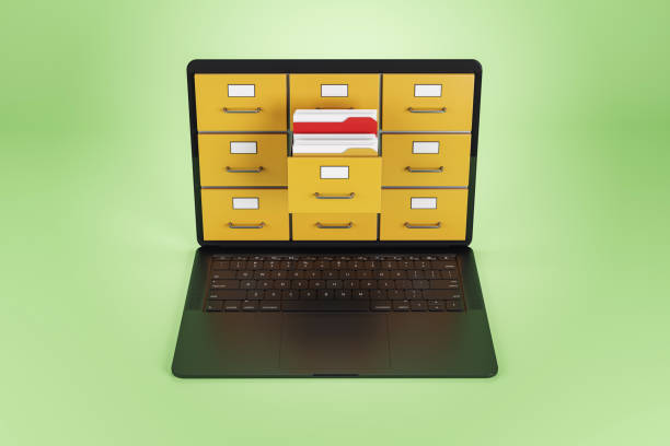 istock Digital file management concept with folders on laptop screen. 3D Rendering 2204099434