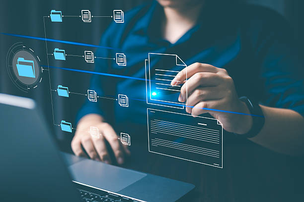 ERP, Electronic document management system concept, search and business manage files online document database, efficient archive and company information datum. Technology digital asset management.