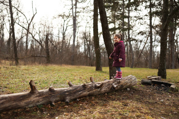 istock A girl walks along a tree trunk in the forest. 2204101398