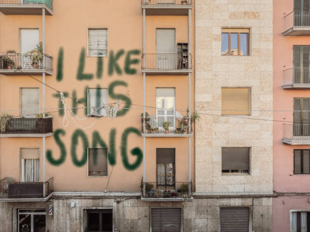 A large graffiti message reading 