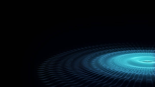 3D abstract circle music wave with blue dots and lines. Futuristic technology background. Graphic effect network connection data. Glowing round sound with dark cyberspace. 3D rendering.