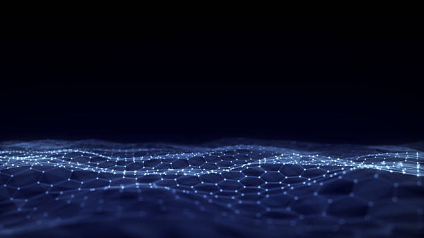 istock Abstract technology hexagon wave with motion dots and lines. Dark cyberspace in digital background. Dynamic cyber hexagon mesh. Medical backdrop. Futuristic wireframe texture. 3D rendering. 2204108859
