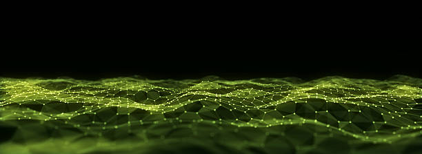 istock Abstract technology hexagon wave with motion dots and lines. Dark cyberspace in digital background. Dynamic cyber hexagon mesh. Medical backdrop. Futuristic wireframe texture. 3D rendering. 2204108981