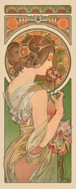 Beautiful woman daydreaming with flower art nouveau 1899
Art Nouveau is an international style of art, architecture, and applied art, especially the decorative arts, known in different languages by different names: Jugendstil in German, Stile Liberty in Italian, Modernisme català in Catalan, etc. In English it is also known as the Modern Style. The style was most popular between 1890 and 1910 during the Belle Époque period that ended with the start of World War I in 1914.
Original edition from my own archives
Date of publishing on the down right corner