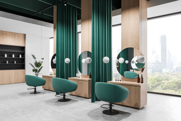istock Modern hair salon interior with green chairs and mirrors. 3D Rendering 2204113034