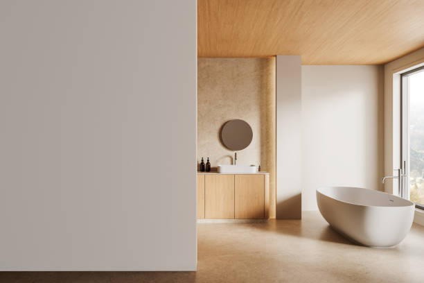 istock Modern bathroom interior with minimalist design and natural light. 3D Rendering 2204113390
