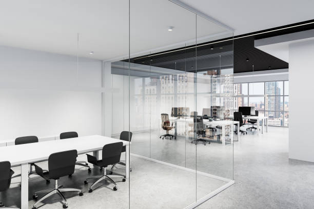 istock Modern office space with glass partitions and city view. 3D Rendering 2204113464