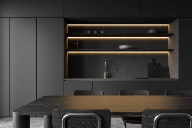 istock Modern kitchen interior with sleek cabinets and illuminated shelves. 3D Rendering 2204113627