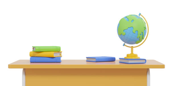 istock Stack of colorful books and globe on a desk against a white background. 3D Rendering 2204113908