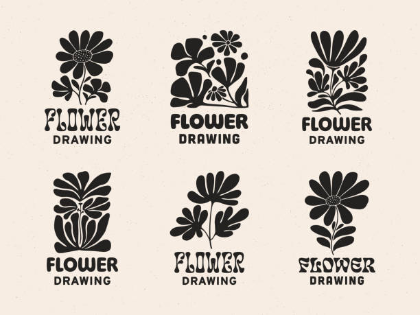 Hand drawn abstract groovy modern flowers and leaves badges