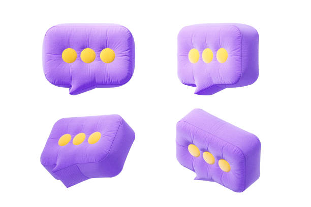 Soft purple speech bubbles with yellow dots in a textured 3D style, isolated on a clean white background. Concept of communication and messaging. 3D Rendering.