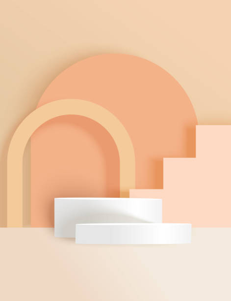 istock Minimalist podiums for product display with pedestal, arch and figures on beige background 2204114892