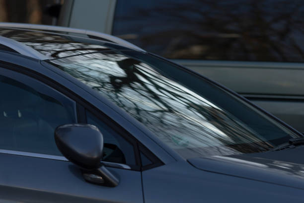 istock Close view of a cars windshield reflecting beautiful trees 2204127631