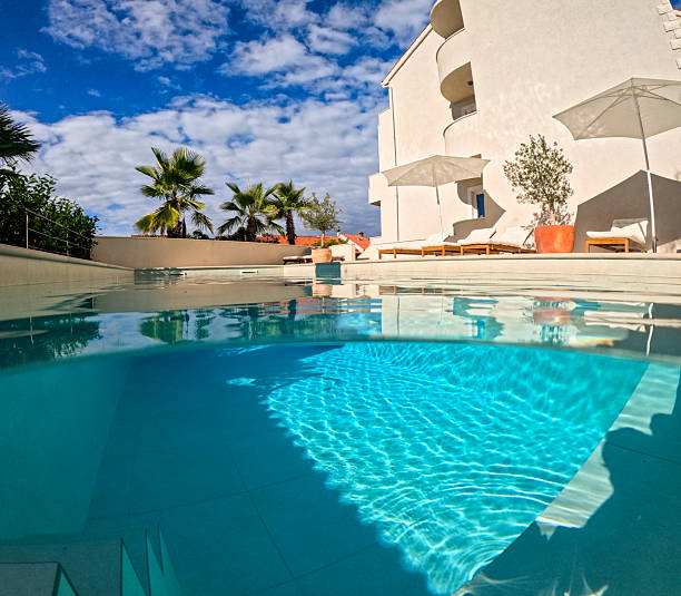 istock Modern Poolside Villa with Bright Blue Sky and Palm Trees 2204137916