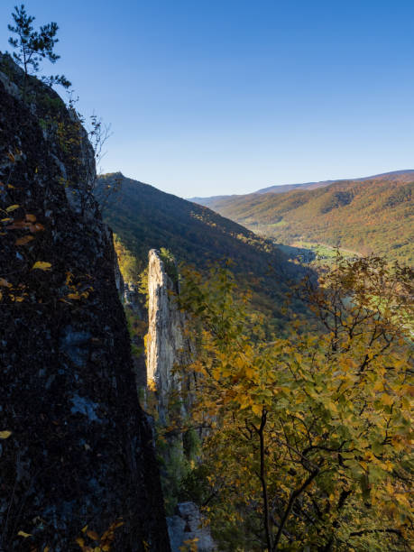 istock The sharp summit of Seneca Rocks, West Virginia, lit by sunlight, mountains in fall collors and blue sky 2204138284