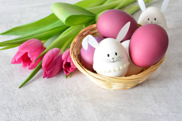 Easter Bunny Eggs in the basket close up