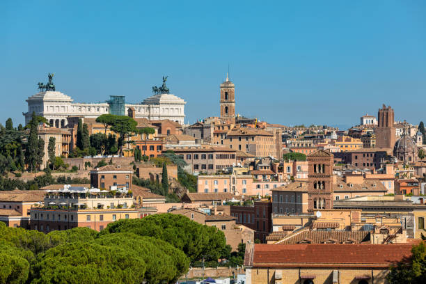 istock Rooftop view of the Rome and Victor Emmanuel monument under blue sky. 2204149064