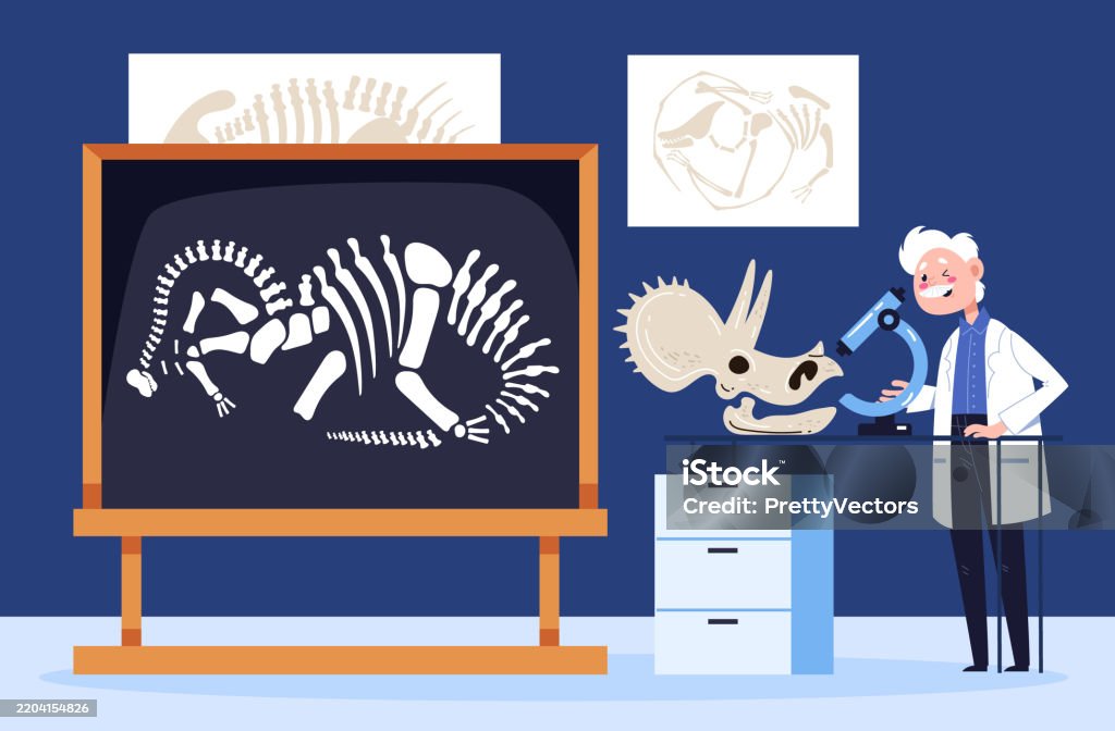 Dinosaur Lab Background Scientist Studies Dinosaurs At Laboratory Vector Graphic Simple Doodle ...