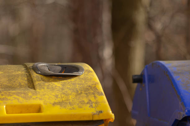 A bright yellow trash can and a vibrant blue trash can are positioned closely next to one another, creating a colorful scene