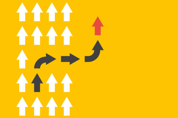 istock white arrows group in one direction and black arrows with different way, business innovations or new strategy vector concept, follow leader illustration, change game rules 2204164035