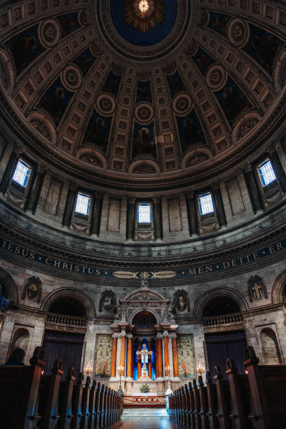 Wide angle view of Frederik's Church's altar and domed roof in Copenhagen, Denmark.