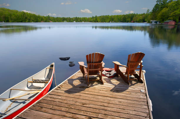 istock Two Adirondack chairs on a dock with a canoe tied up by the shore. 2204167589