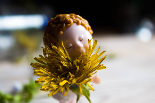 The close-up image shows a small doll figure with curly brown hair. The doll is holding a yellow dandelion flower with its petals spread out. The background is blurry, but it looks like it's a garden or an open area with greenery. The overall mood of the image is calm and serene.