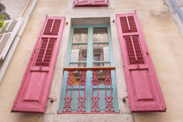 Colorful pink windows in Piran Istrian peninsula along the Adriatic sea in Slovenia
