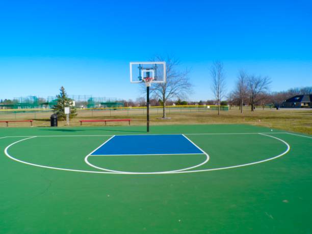 istock Basketball court on sunny day with blue sky. 2204180931