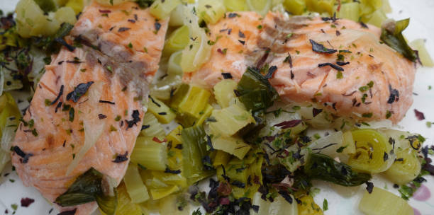 istock Salmon cooked with dried seaweed and leeks 2204181075