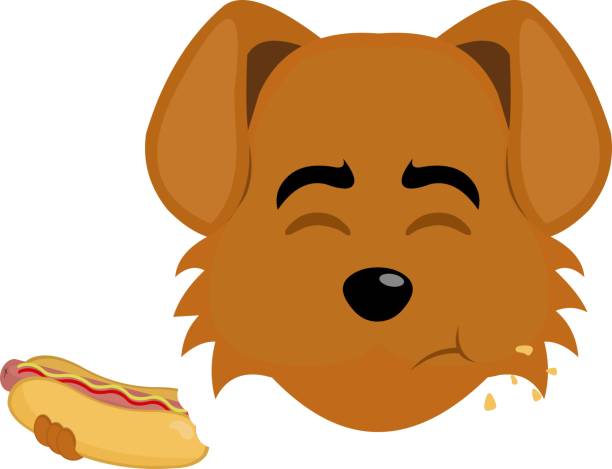 emoticon character head puppy canine eat meal hotdog vector illustration emoji character face dog cartoon, eating fast food from a hot dog biting lip stock illustrations