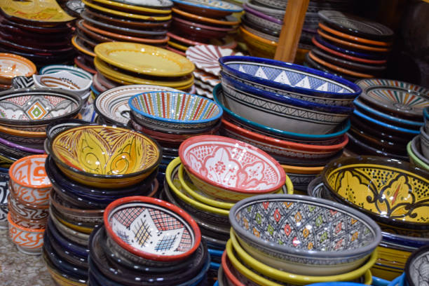 istock Decorative handcrafted plates displayed in a souvenir shop in Marrakech. 2204195297