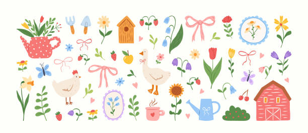 Cute cottagecore illustrations. Hand drawn flowers, bows, barn, goose, chicken,butterfly, garden tools, birdhouse. Gardening and country lifestyle. Spring summer stickers. Vector flat illustration.