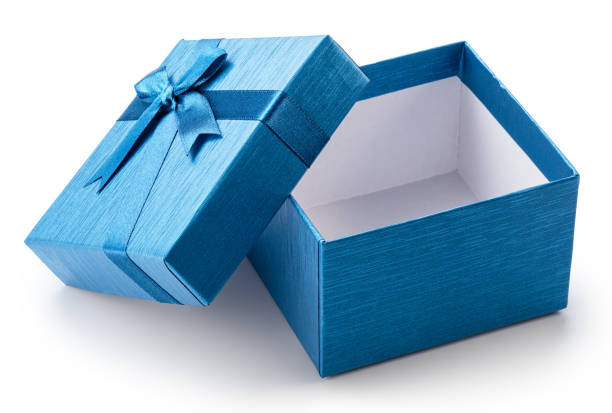 istock Blue gift box and lid with satin bow near it, isolated on white background. File contains clipping path. 2204196076