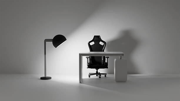3D model of black gaming computer chair and white computer desk and light from floor lamp in white room, 3D model of furniture stock photo