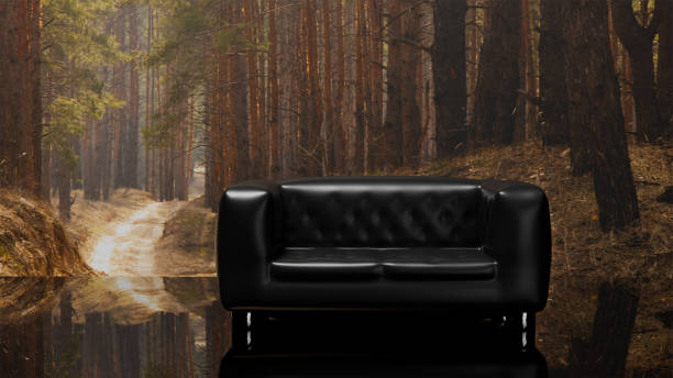 3D model of black leather two-seater quilted sofa on the background of pine forest and path on mirror floor, feeling of comfort from upholstered furniture, sofa design