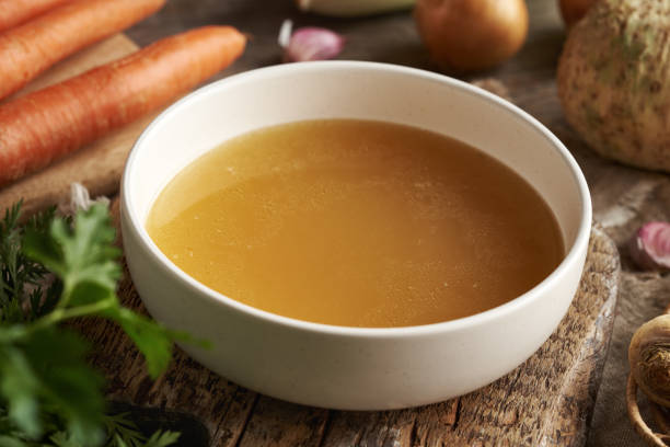 istock Chicken soup or bone broth in a white plate with fresh vegetables 2204198711