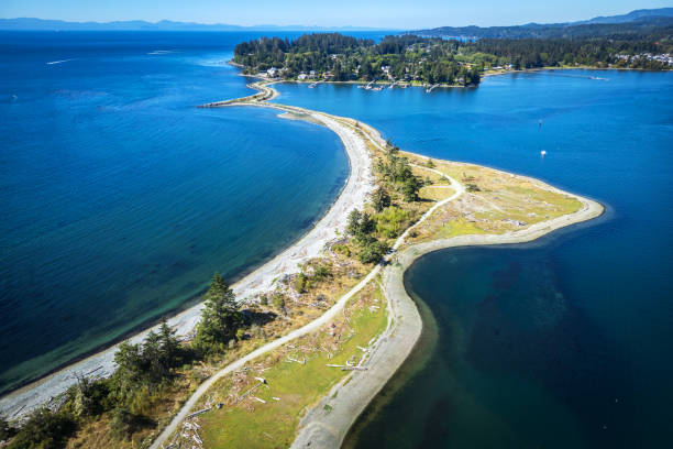 Whiffin Spit Park, located along western Vancouver Island, viewed from above by drone.