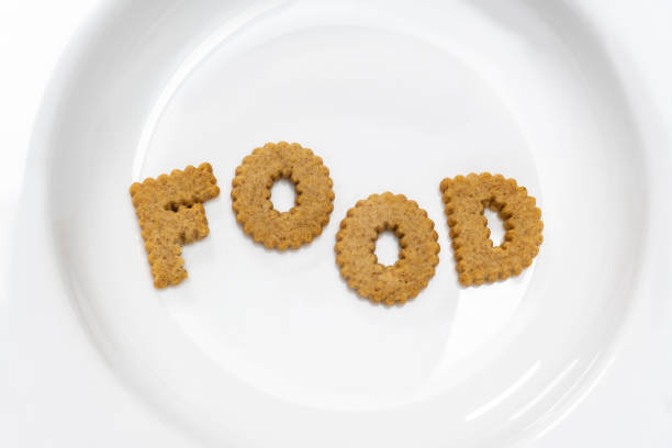 The word food spelled out with biscuits letters on a white plate