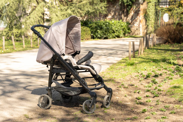 istock Empty baby stroller for boys in the park 2204206394