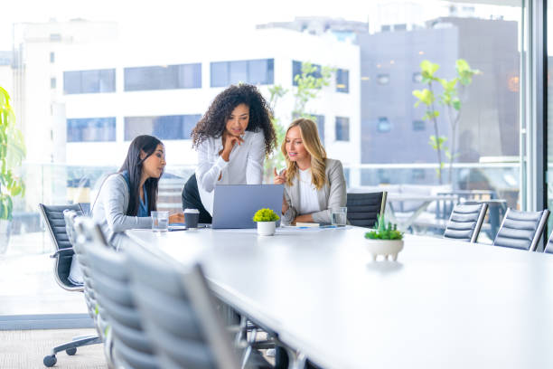 istock Three business  women meeting. They are discussing something while looking at a laptop computer. 2204208738