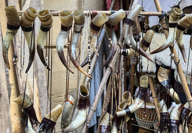 istock Handmade drinking horns displayed at a medieval market 2204216036