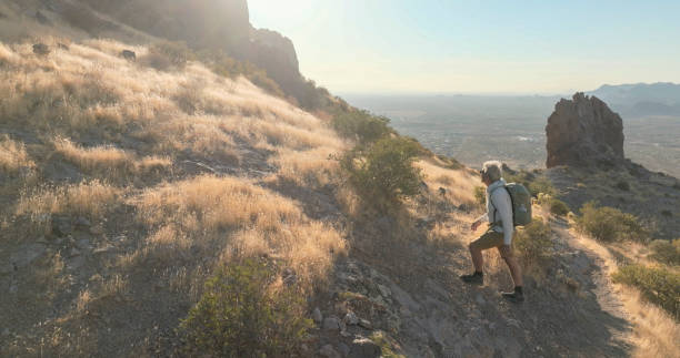 Backlit view of mature man hiking up grasses on mountain in desert, Apache Junction, Lost Dutchman State Park, Arizona
