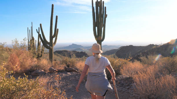 Mature woman hikes pathway in desert landscape at sunset, Hieroglyphic Trail, Tonto National Forest, Arizona