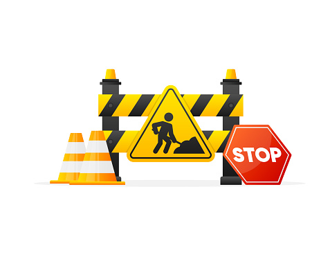 Stop Construction Sign Under Construction Warning Sign And Traffic Cones Warning Barrier Stop ...