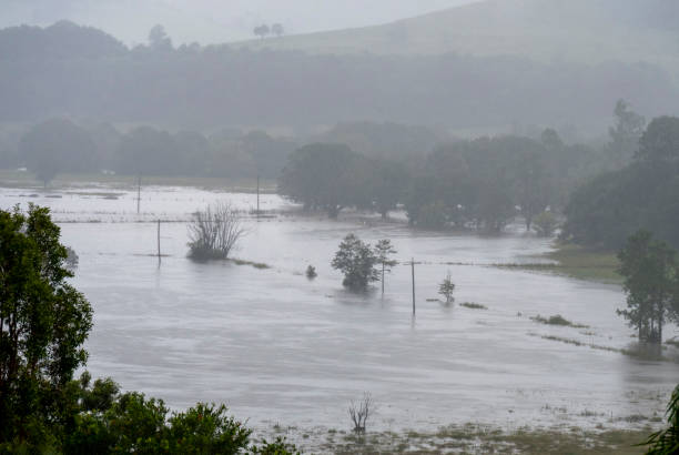 Lismore, NSW, Australia_March 9, 2025Riverine flooding from Cyclone Alfred near Lismore. Typical valley view with Woodlawn college in background.