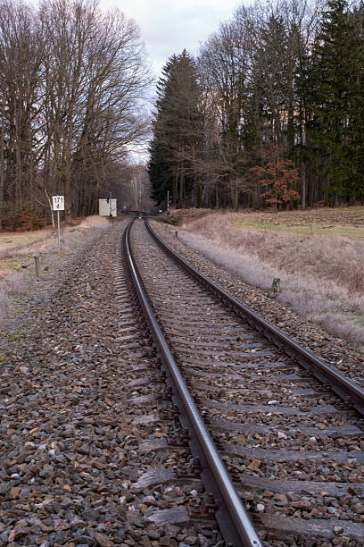 istock Curved Railway Tracks in Rural Landscape 2204228056