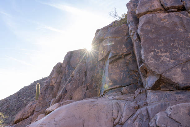Scenic view of rocks with petroglyphs at sunset, Hieroglyphic Trail, Superstition Mountains, AZ