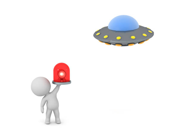 3D Character with an Alarm and a UFO. Isolated on white background.