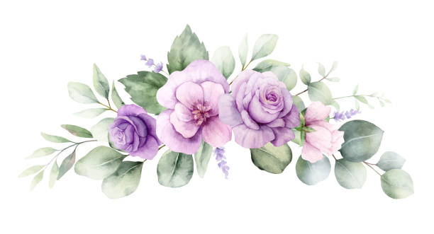 Watercolor vector wreath with green eucalyptus leaves and violet flowers. Greenery clipart for wedding invitation, greeting cards, save the date, stationery design.  Hand drawn illustration.